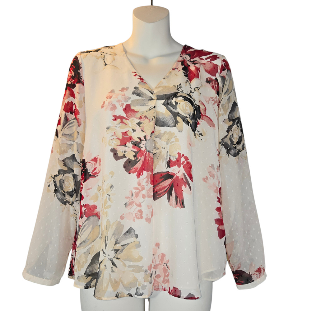 White‎ House Black Market WHBM 2P Petite Floral Swiss Dot V-Neck Blouse Top Chic